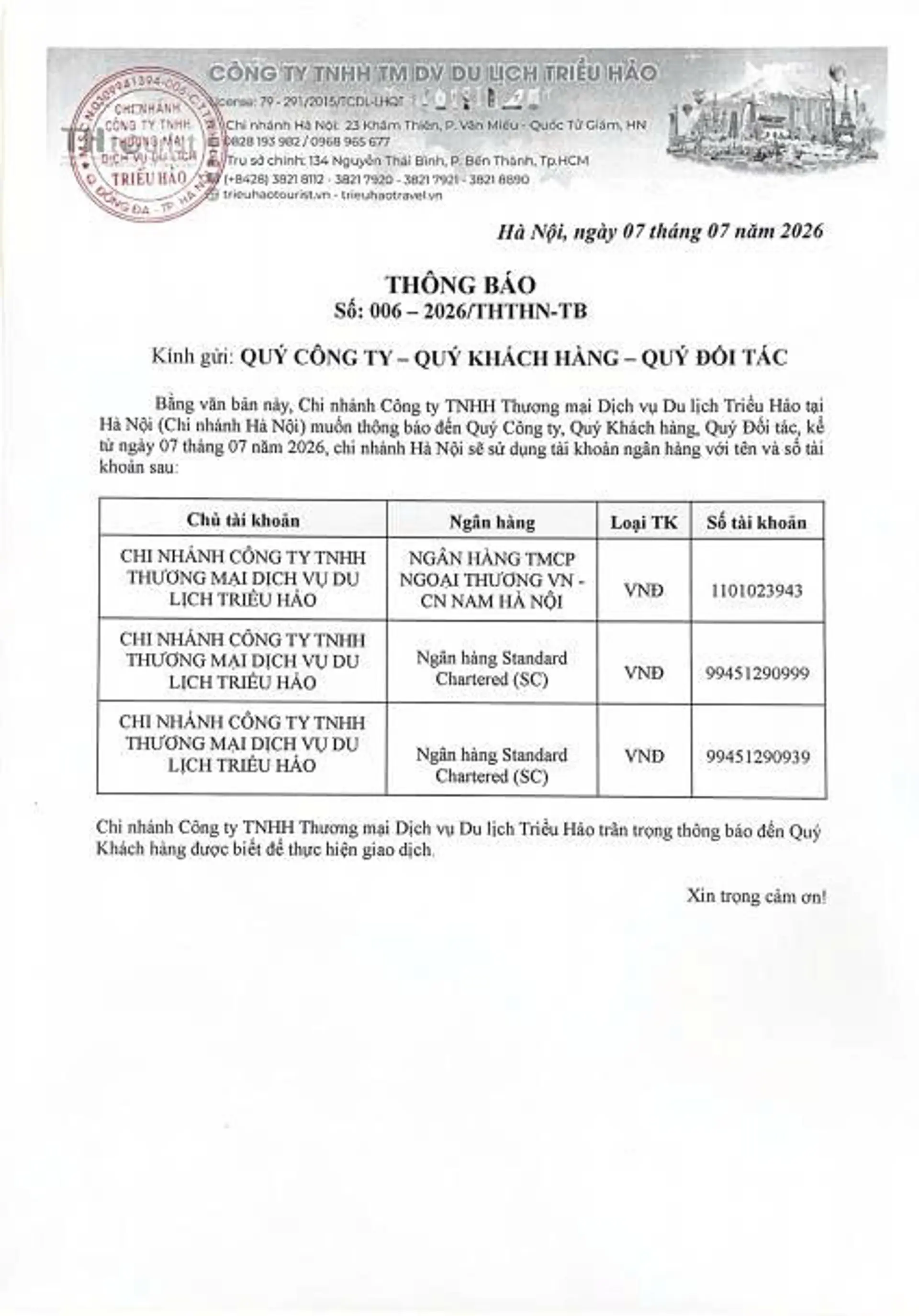 Cập nhật thông tin thanh toán chính thức của Du lịch Triều Hảo - Chi nhánh Hà Nội 