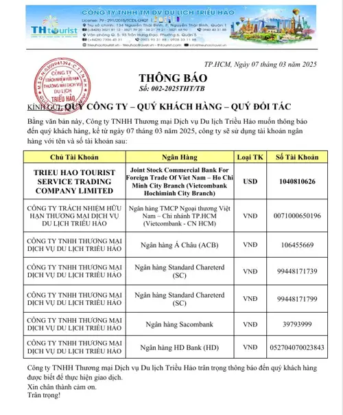 Du Lịch Triều Hảo cập nhật thông tin tài khoản thanh toán chính thức